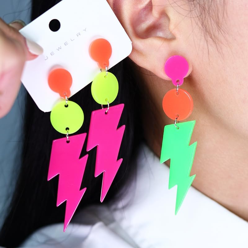 Modpide 80s Neon Earrings Hollow Lightning Bolt Halloween Punk Retro Earrings for Women 80's Party Accessories - Image 2